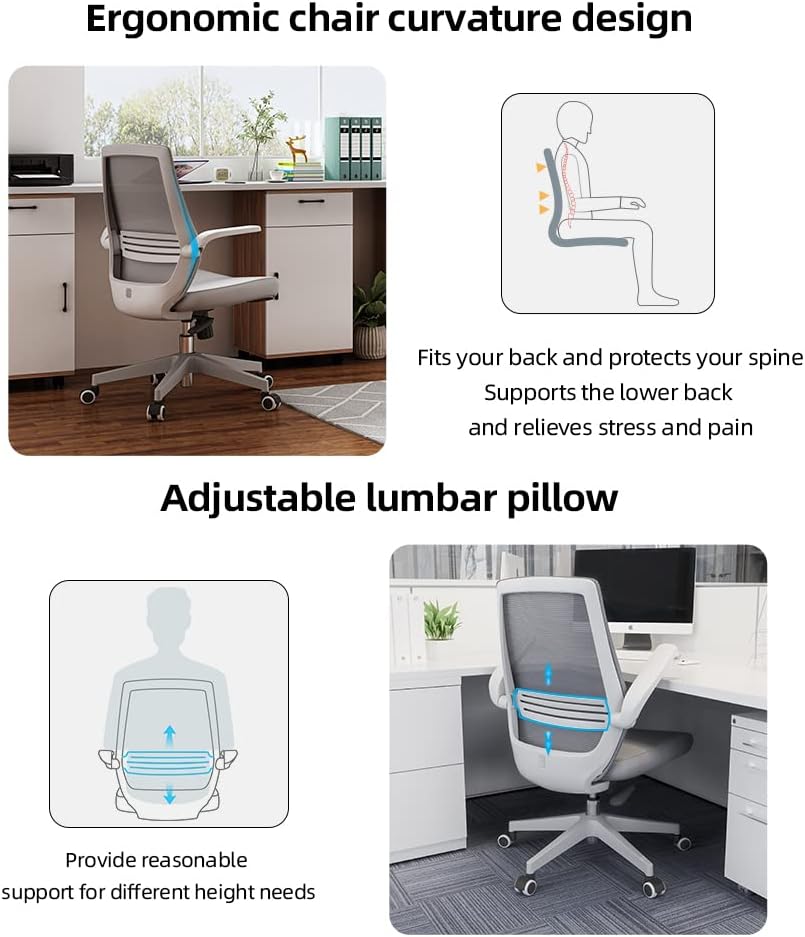 Gray ergonomic office chair in Australia showing curvature design and adjustable lumbar pillow, highlighting back support and stress relief
