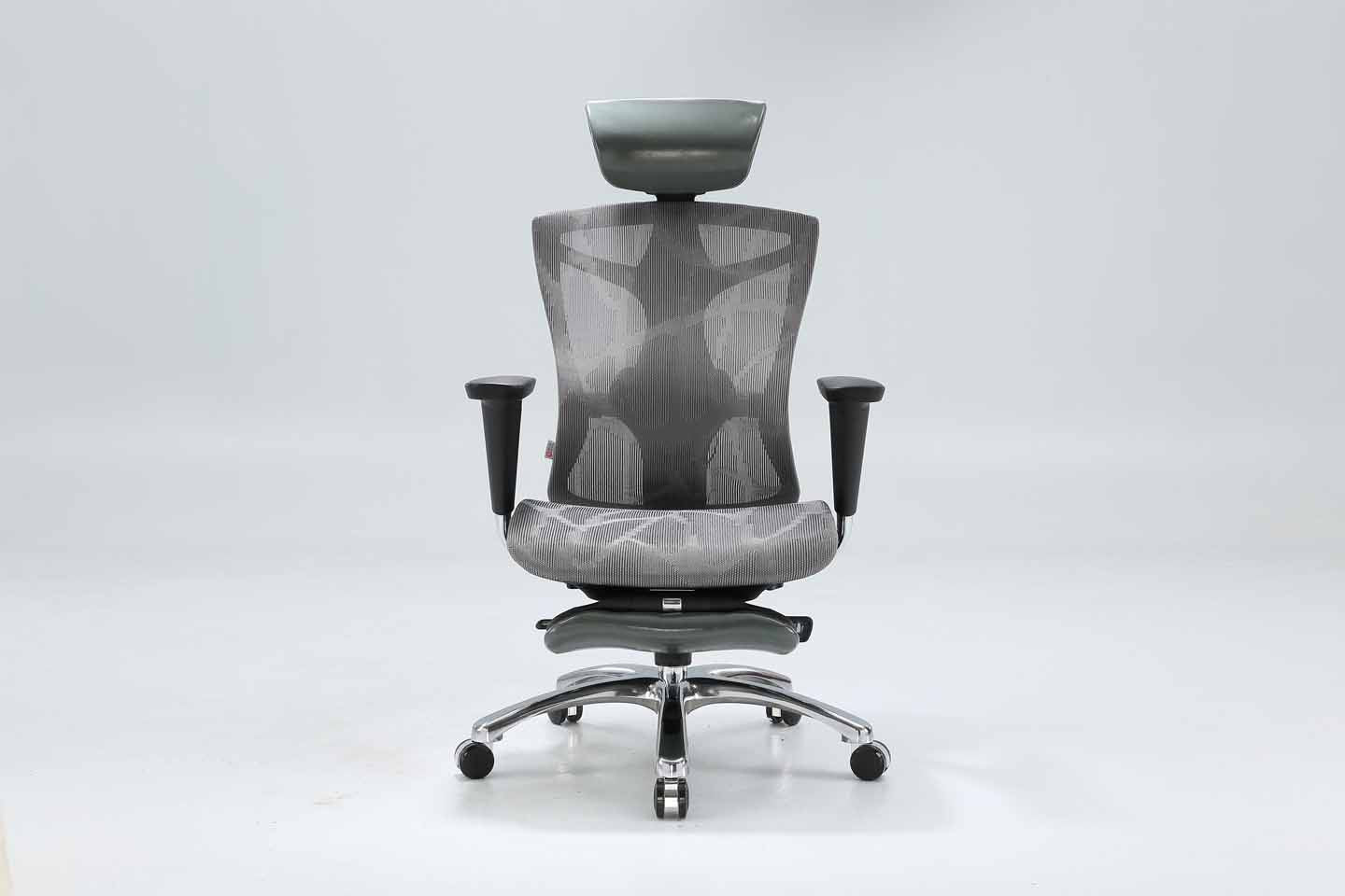 Black Sihoo V1 ergonomic chair in Australia shown from front view with footrest on gray background, emphasizing ergonomic comfort and posture support