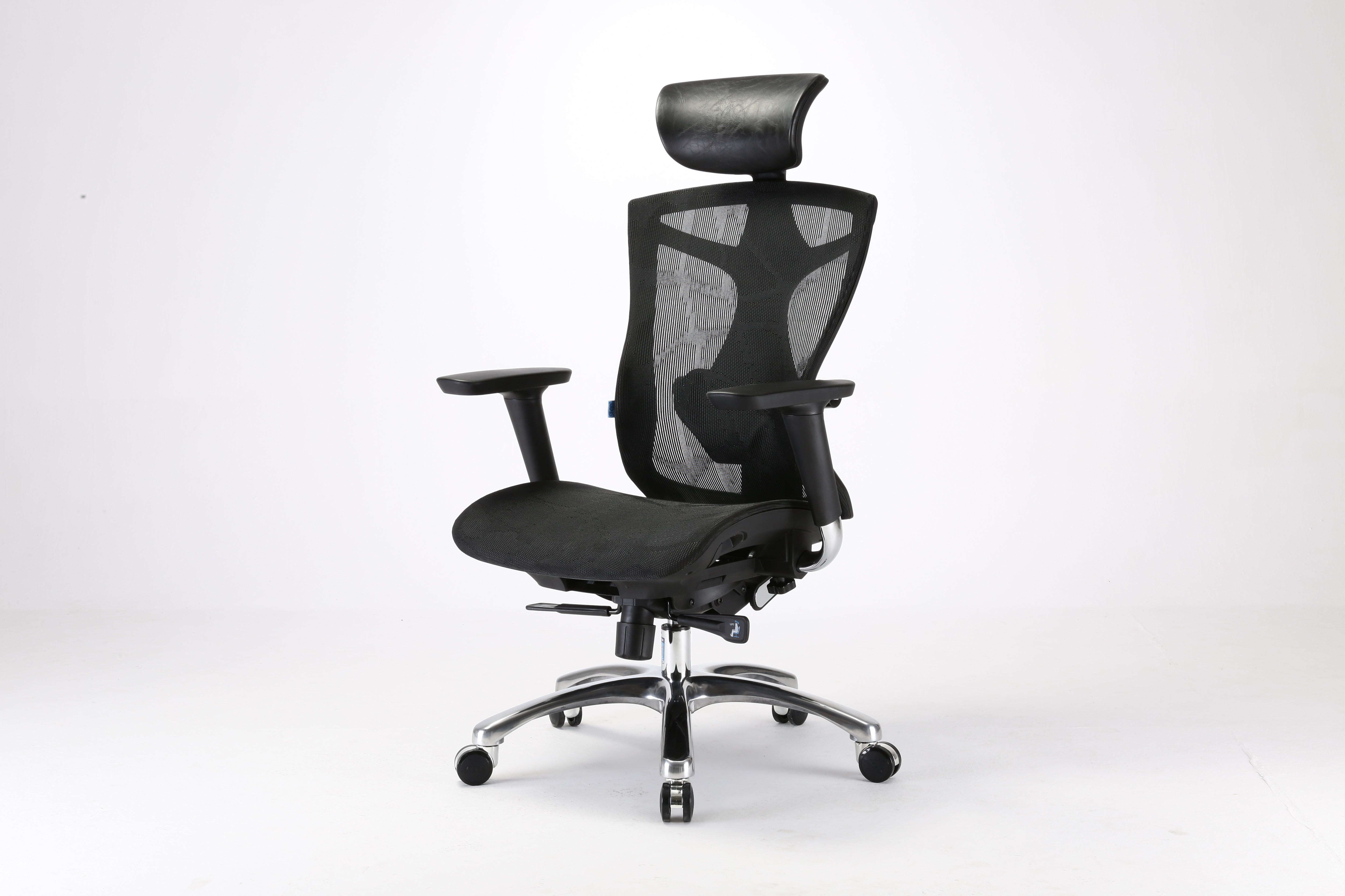Semi front left angle of black Sihoo V1 ergonomic chair in Australia on a gray background, emphasizing ergonomic comfort and adjustable features