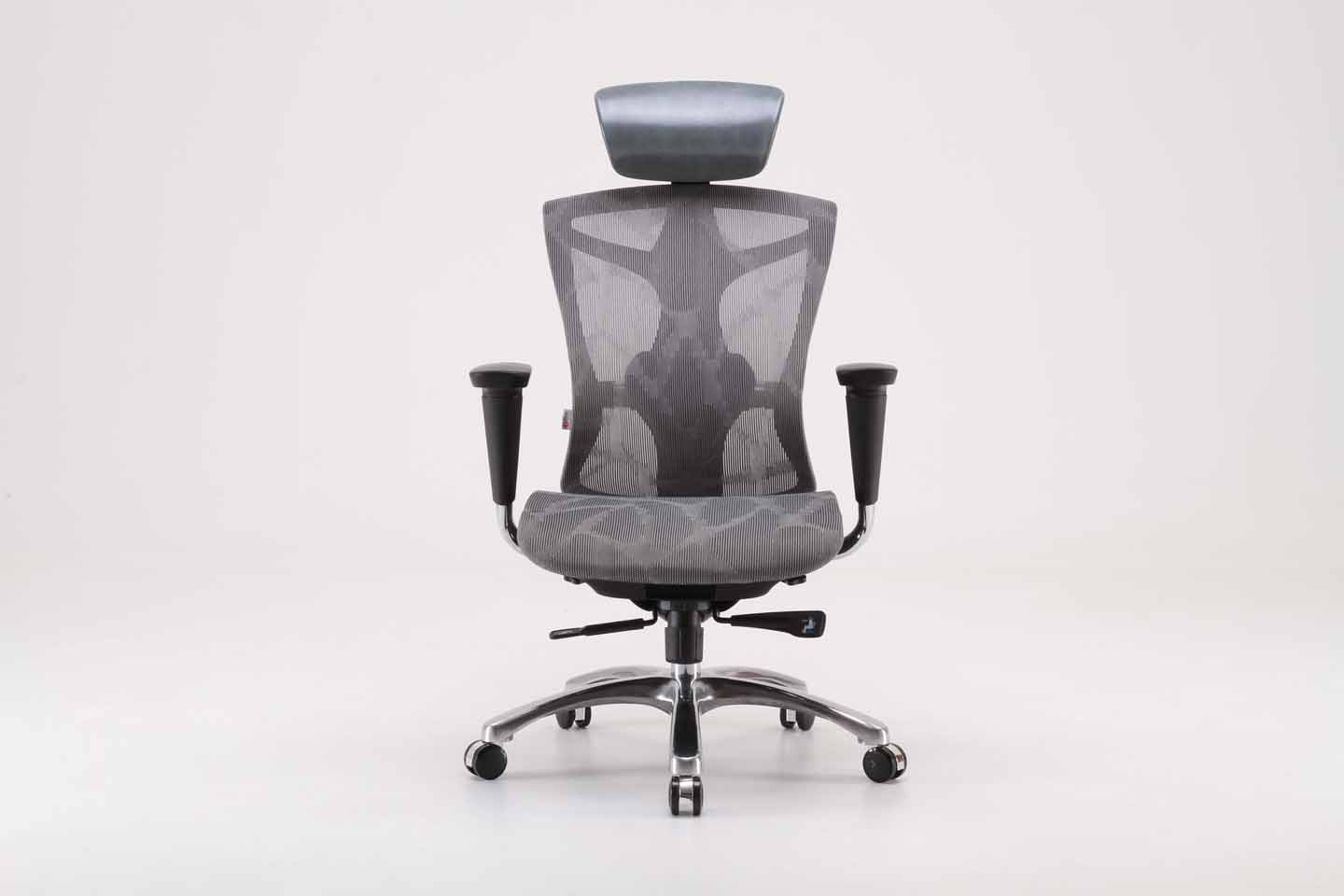 Front view of black Sihoo V1 ergonomic chair in Australia on a gray background, highlighting adjustable lumbar support and ergonomic design
