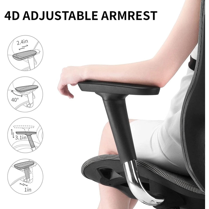 Black Sihoo V1 ergonomic chair in Australia showing 4D adjustable armrests with text overlay demonstrating proper sitting posture and chair benefits