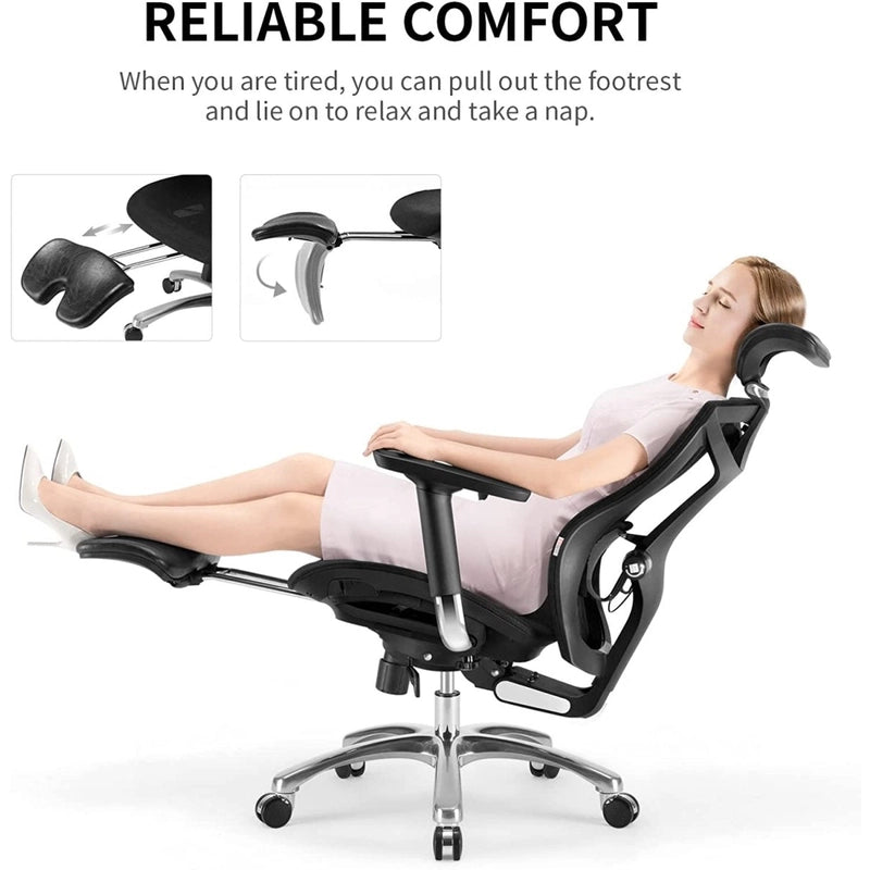 A woman sitting comfortably in a black Sihoo V1 ergonomic chair in Australia with footrest in text overlay about reliable comfort, adjustable footrest, and relaxing posture