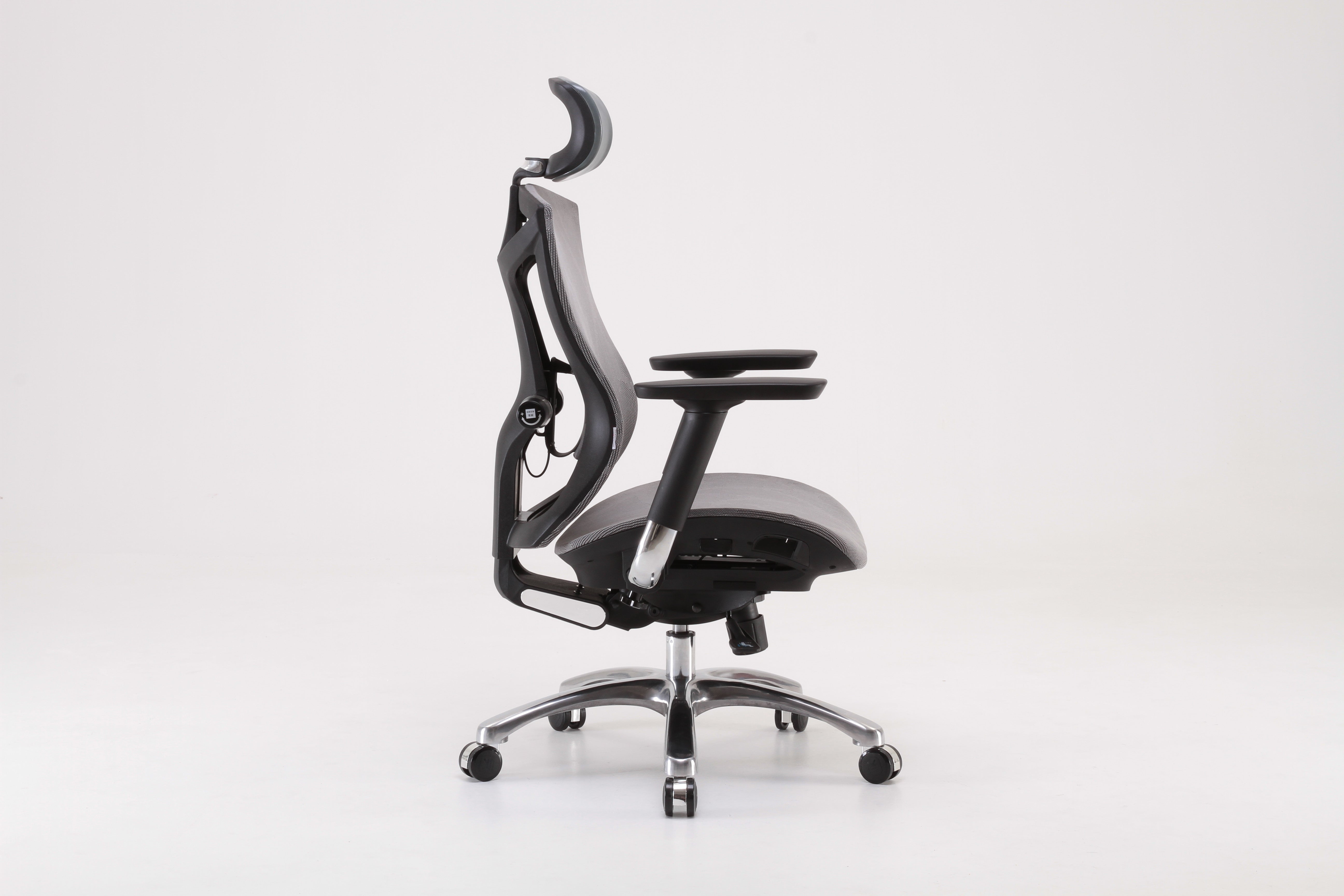 Right angle of black Sihoo V1 ergonomic chair in Australia on a gray background, emphasizing comfort, posture support, and adjustability