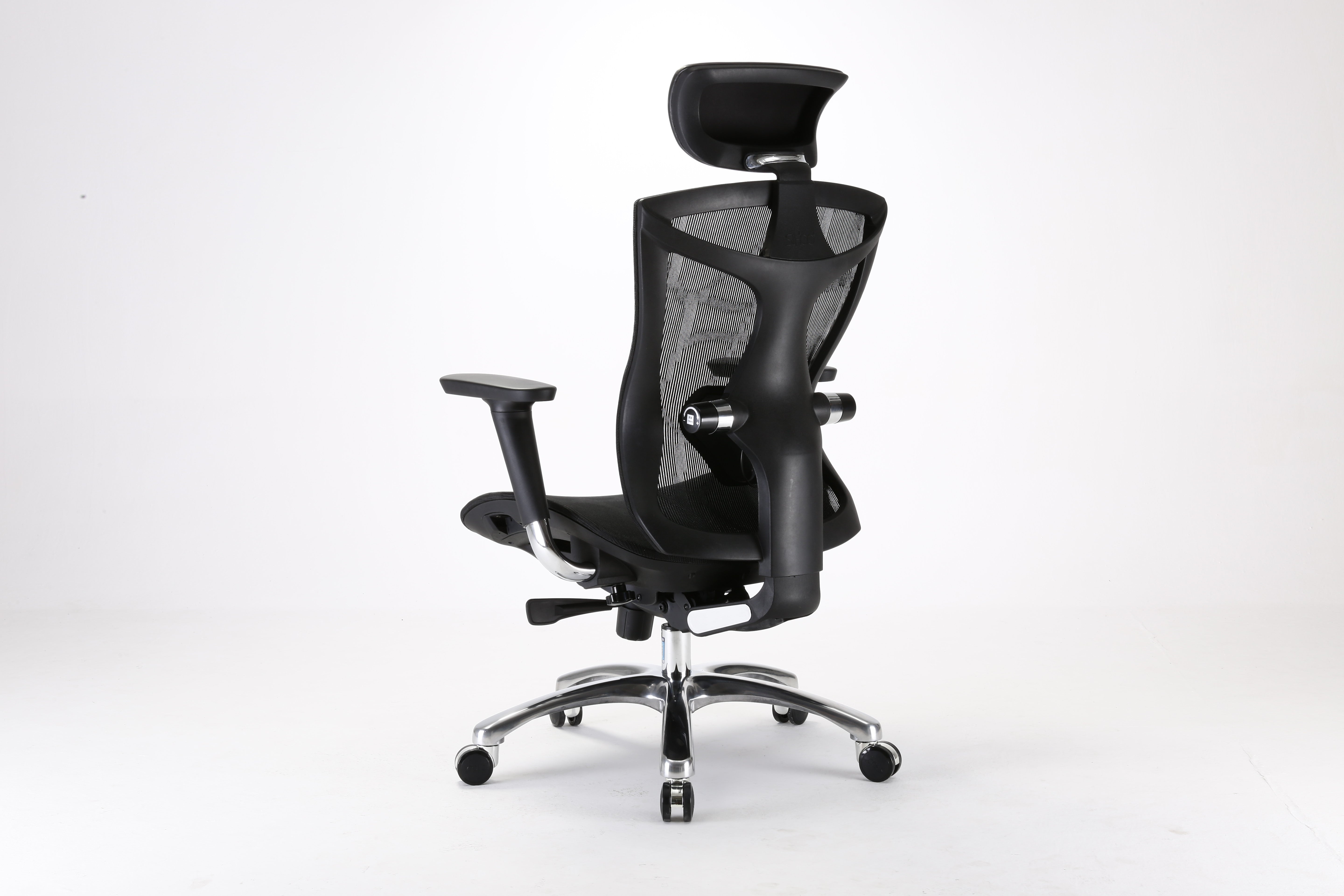 Black Sihoo V1 ergonomic chair in Australia from semi back left view on gray background, highlighting adjustable armrests and posture support