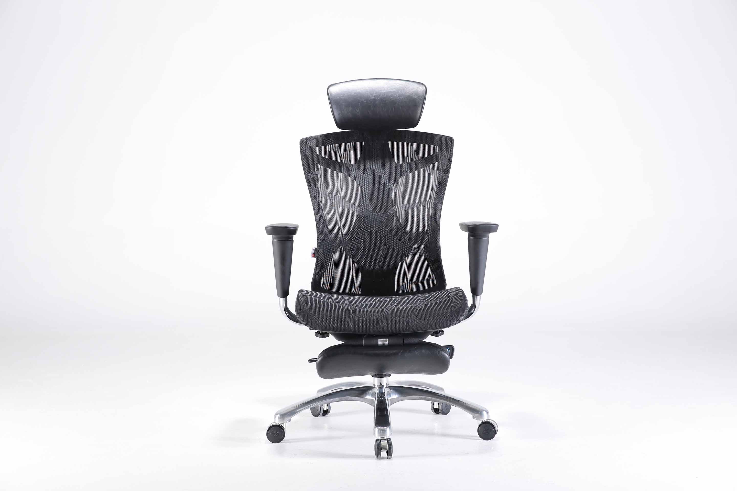 Back view of black Sihoo V1 ergonomic chair in Australia with footrest on a gray background, highlighting breathable mesh and adjustable lumbar support