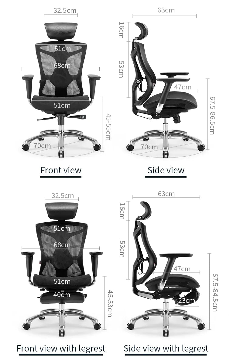 Four Sihoo V1 black ergonomic chairs in Australia shown with dimensions and sizes, highlighting adjustable features and design