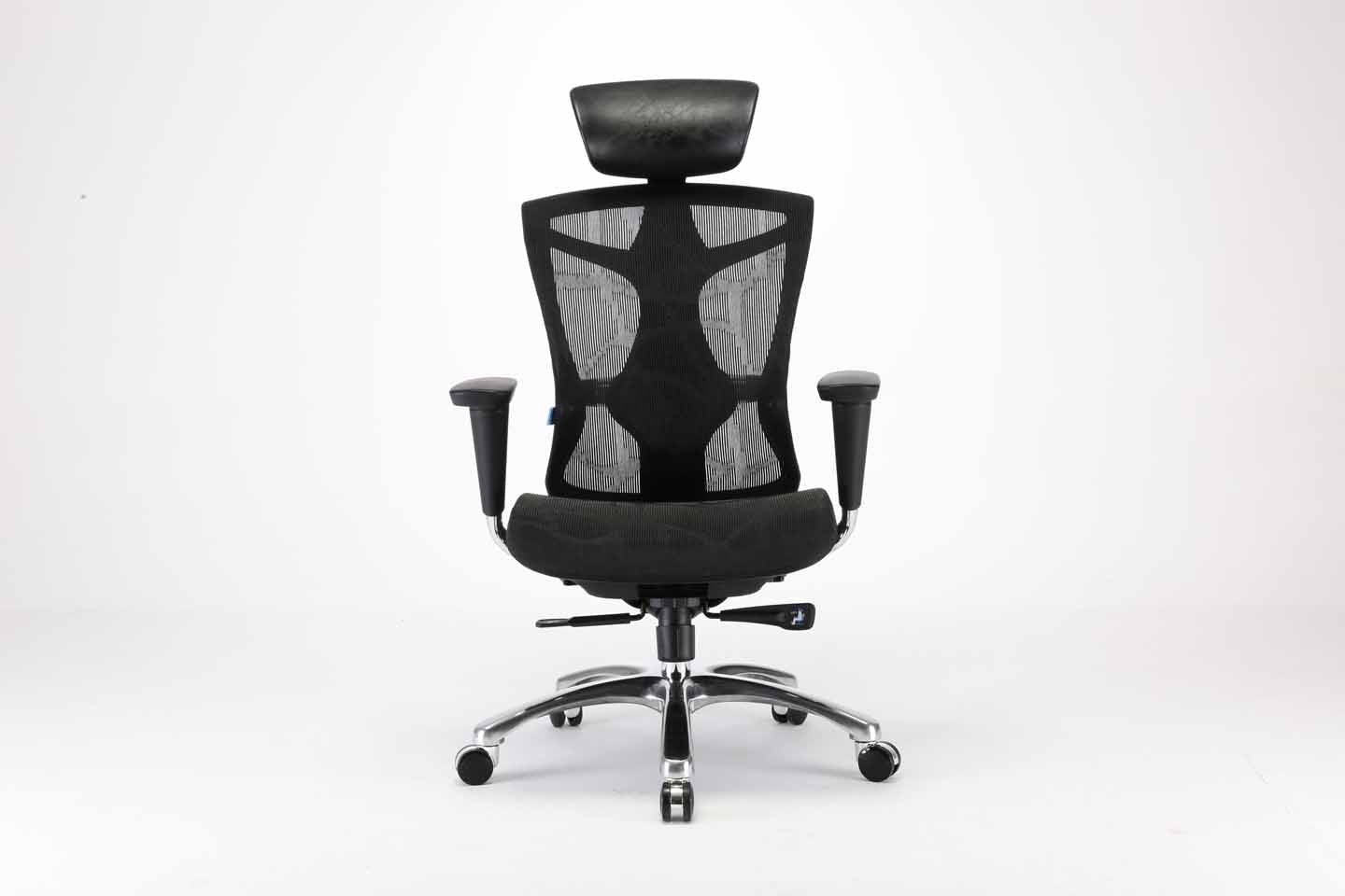 Back angle of black Sihoo V1 ergonomic chair in Australia on a gray background, emphasizing posture support and breathable mesh