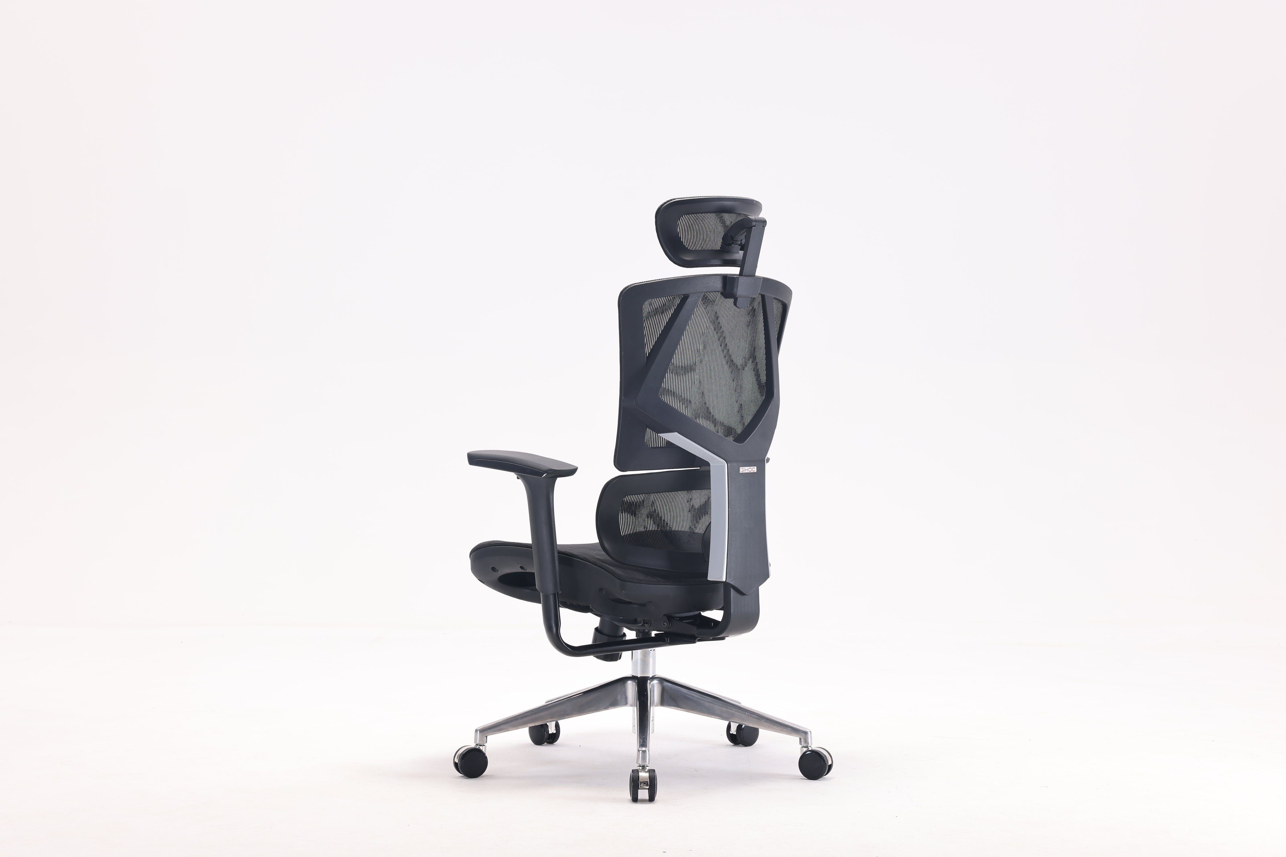 Semi back left view of black Sihoo Vito M90 ergonomic chair in Australia on a white background, highlighting adjustable lumbar support and ergonomic design