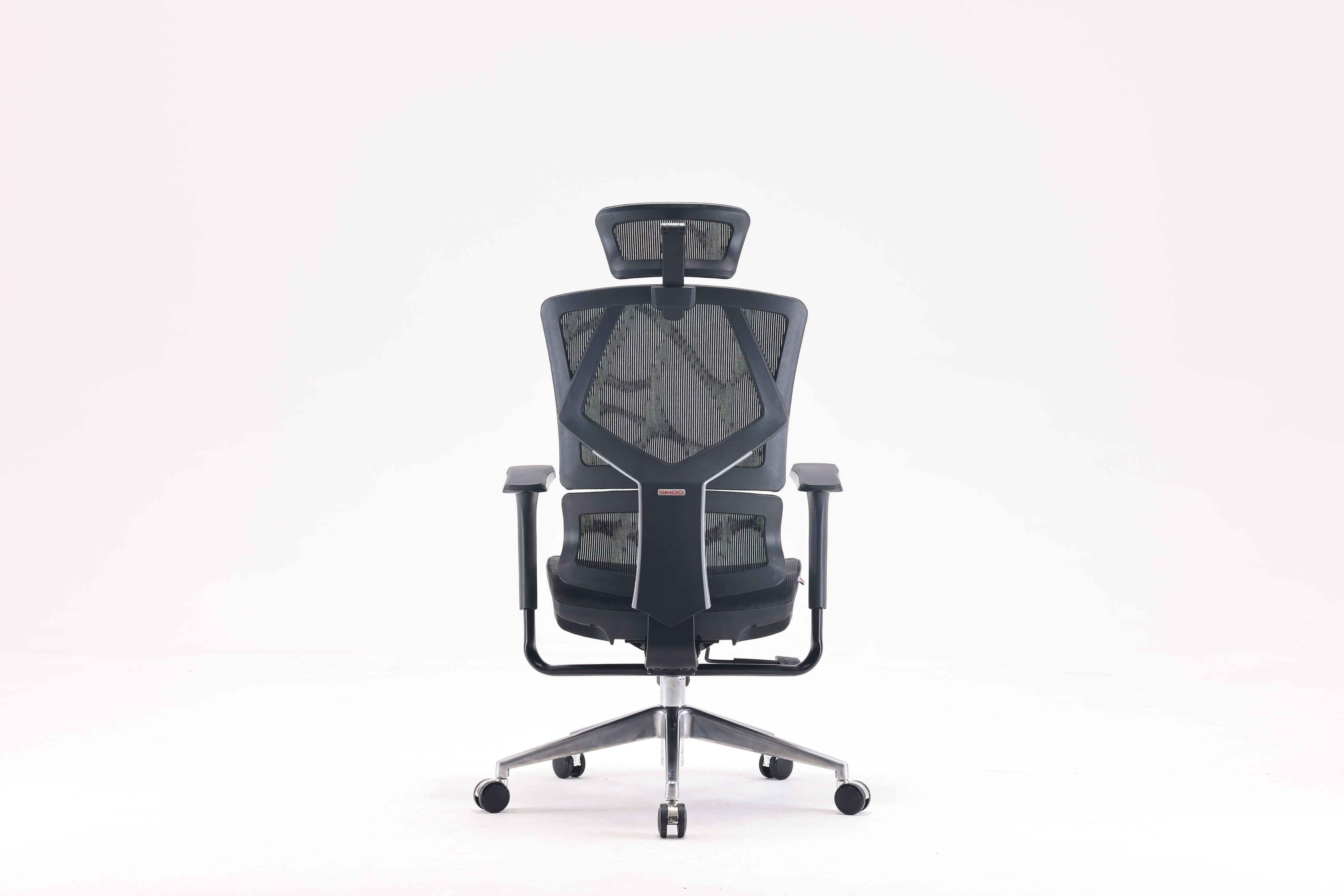 Back view of black Sihoo Vito M90 ergonomic chair in Australia on a white background, highlighting adjustable lumbar support and breathable mesh