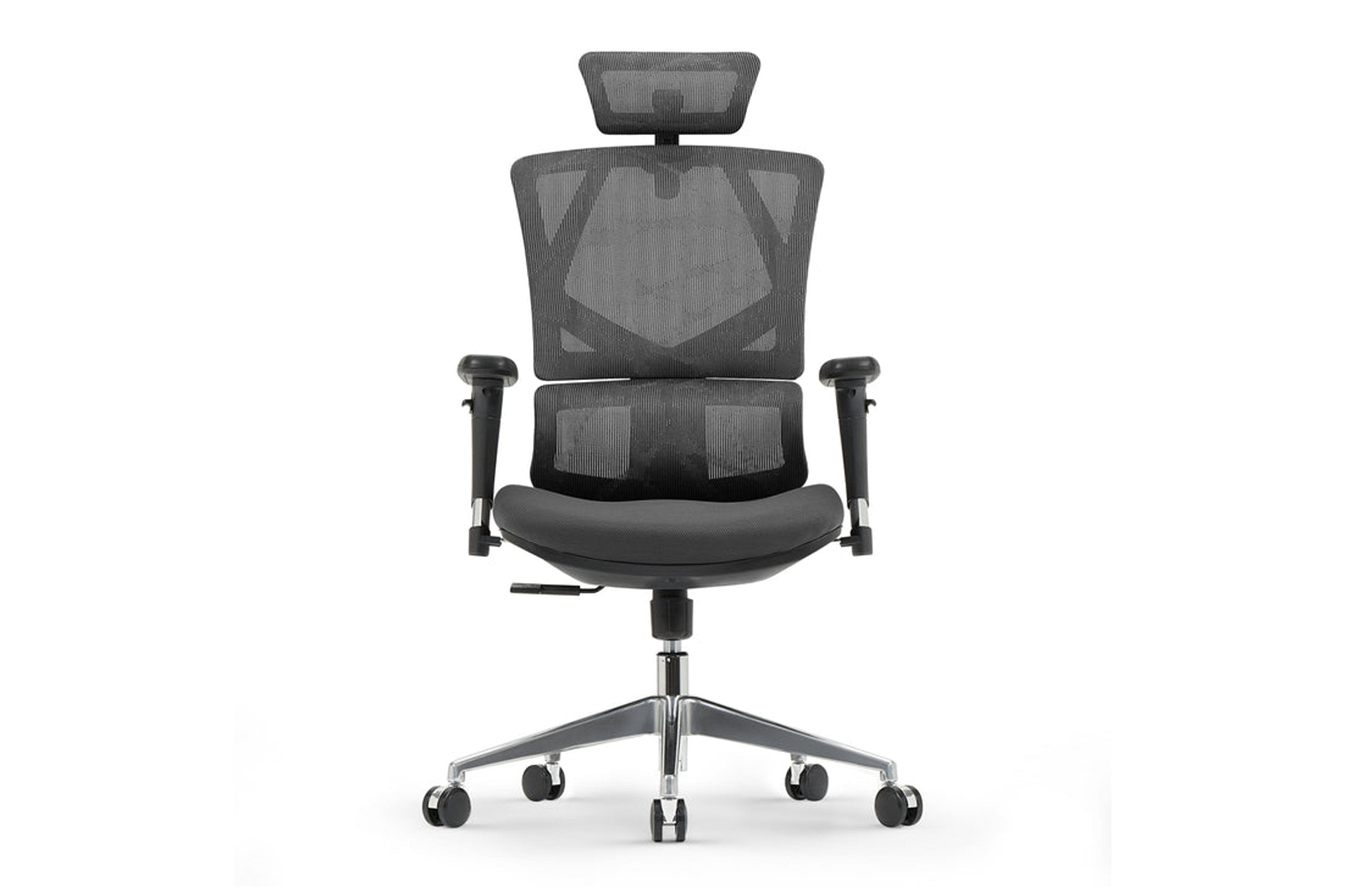 Front view of black SihooVito M90 ergonomic chair in Australia with on a white background, highlighting adjustable armrests and lumbar support