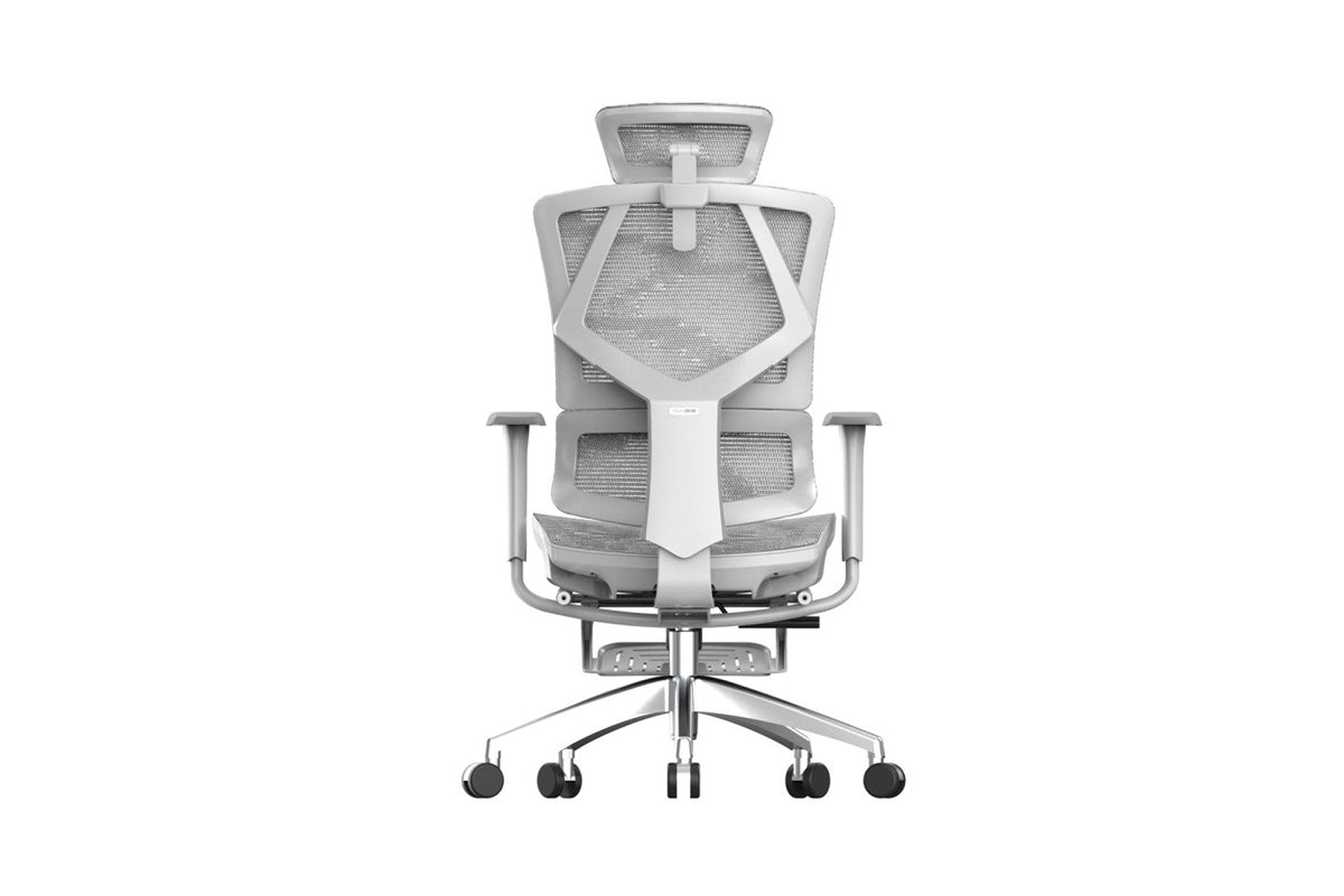 Rear angled view of white Sihoo Vito M90 ergonomic chair in Australia with footrest highlighting backrest design on a white background