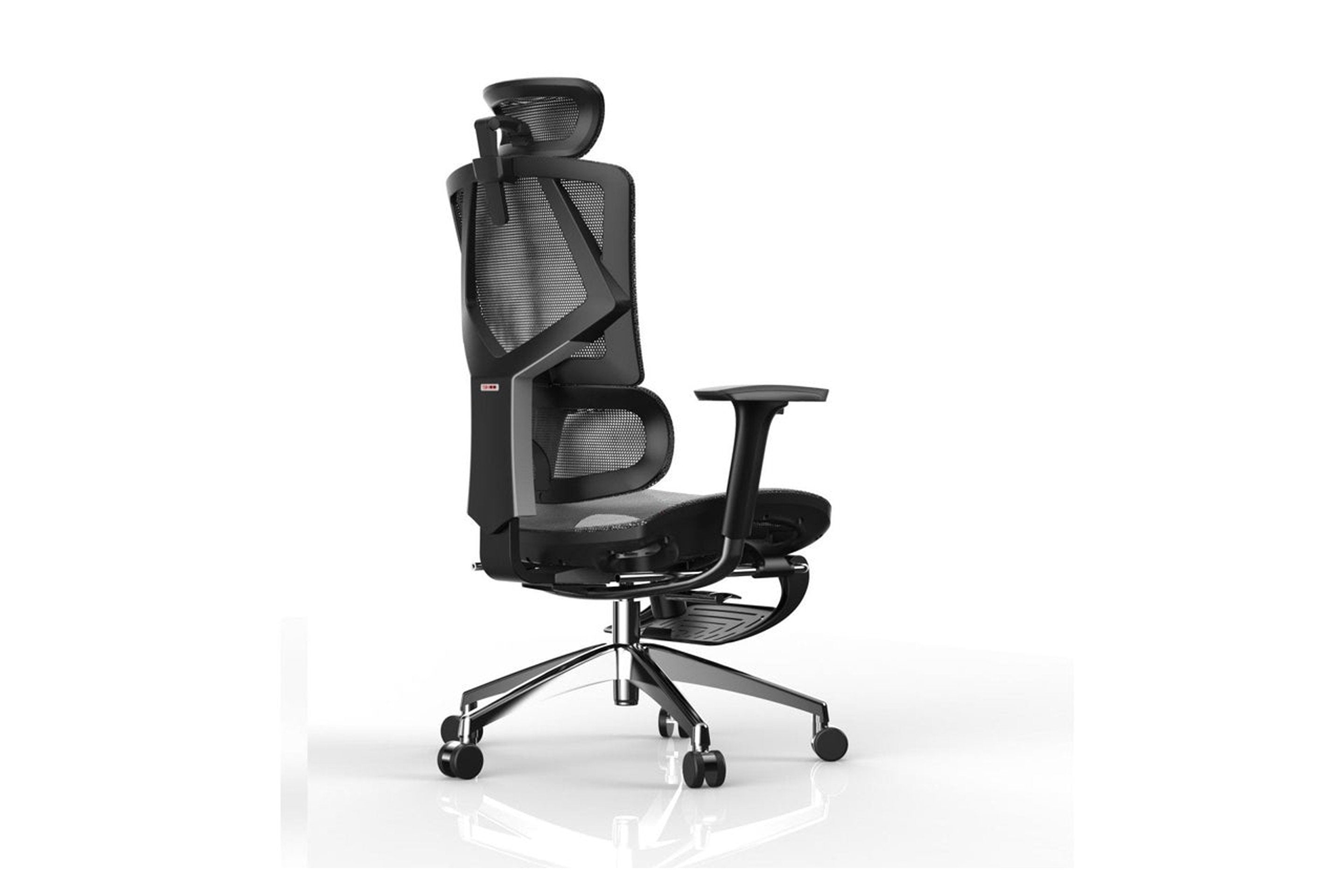Semi back right view of black Sihoo Vito M90 ergonomic chair in Australia with footrest on a clean white background highlighting back design