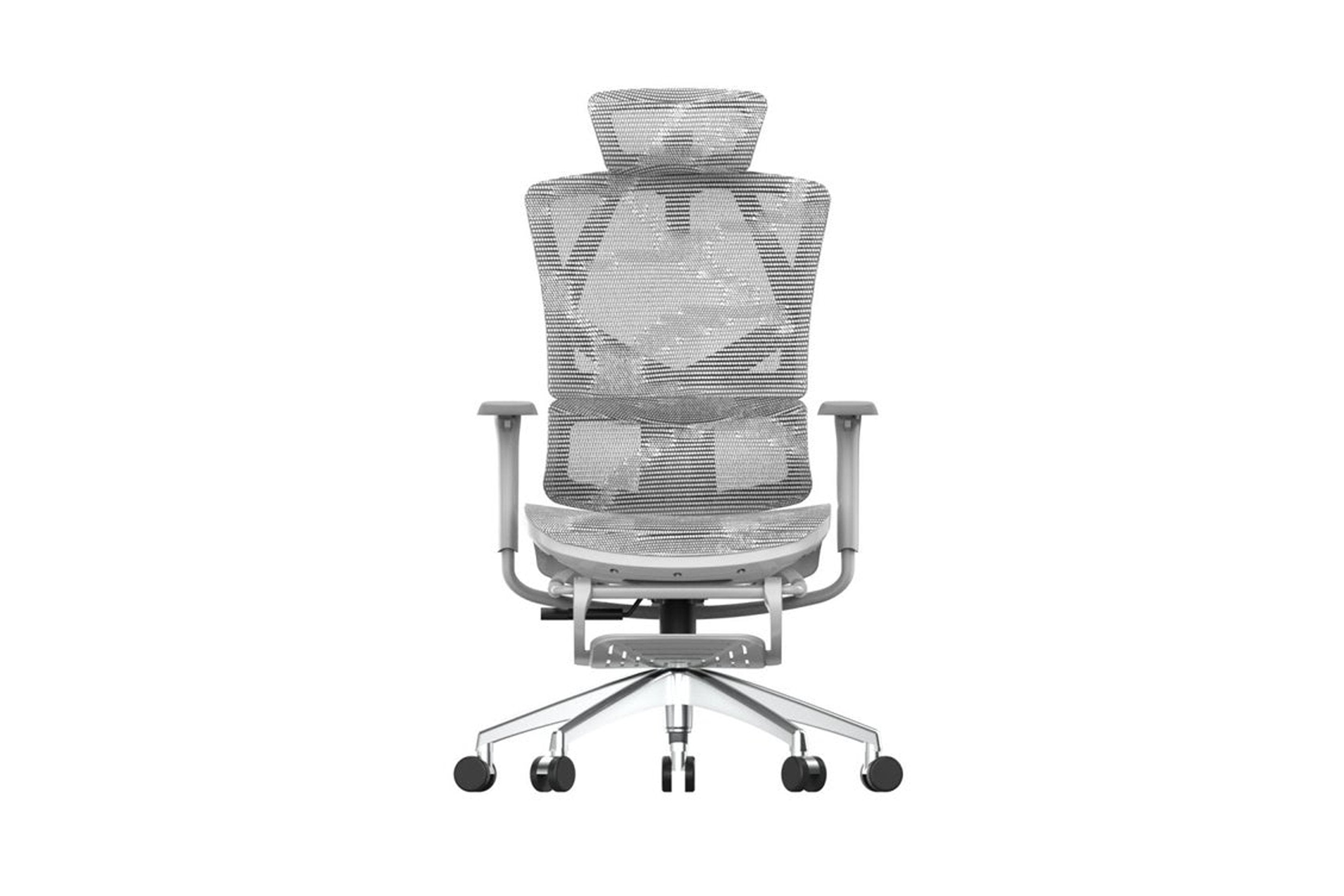 Front-facing white Sihoo Vito M90 ergonomic chair in Australia with footrest displayed on a minimal white background highlighting its sleek design