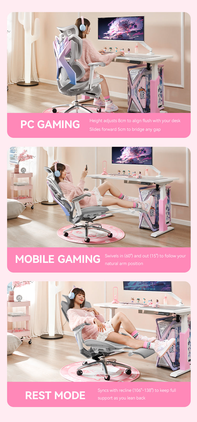 Woman sitting on a white and pink unicorn ergonomic gaming chair in Australia in mobile gaming mode