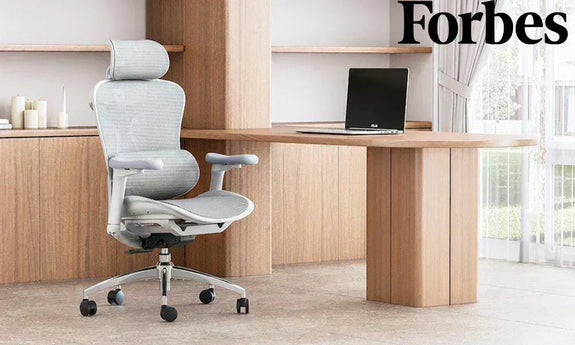 Ergonomic chairs with Forbes text overlay highlighting comfort and modern workspace design.