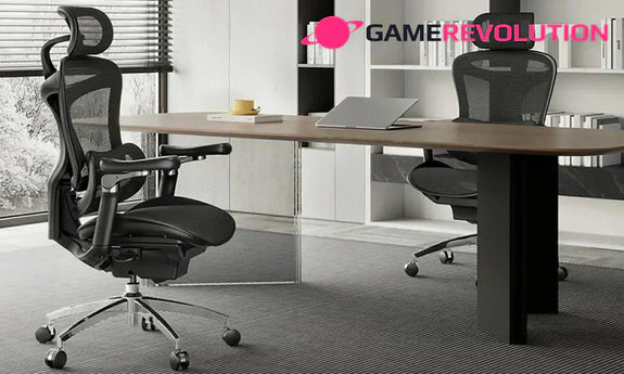 Ergonomic gaming chair with Game Revolution text overlay designed for a comfortable gaming chair for long hours.