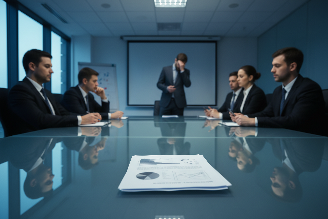 A professional landscape photo of a corporate boardroom meeting. A modern glass table with an open, unread document on it. In the background, a disappointed presenter stands by a projector screen, while executives look indifferent.