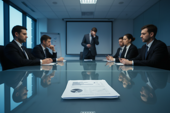 A professional landscape photo of a corporate boardroom meeting. A modern glass table with an open, unread document on it. In the background, a disappointed presenter stands by a projector screen, while executives look indifferent.