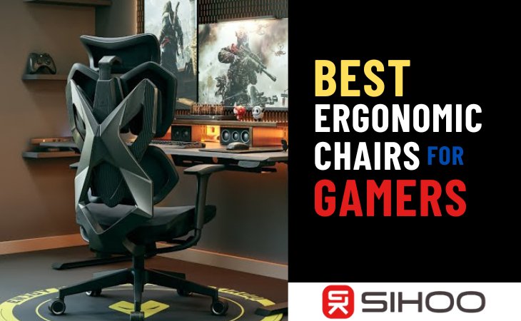An ergonomic chair in a gaming room with a text overlay that reads “Benefits of Ergonomic Chairs for Gamers,” highlighting comfort, posture support, and enhanced gaming experience.