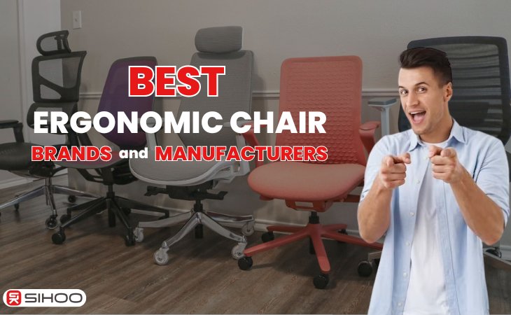 A man with an overlay background of ergonomic chairs and a text overlay that reads “Best Ergonomic Chair Brands and Manufacturers,” emphasizing top-quality ergonomic seating options.