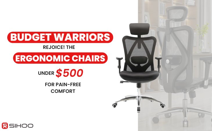 An ergonomic chair with a text overlay that reads “Budget Warriors, Rejoice! Top Ergonomic Chairs Under $500 for Pain-Free Comfort – SIHOO Australia,” promoting affordable ergonomic seating solutions.