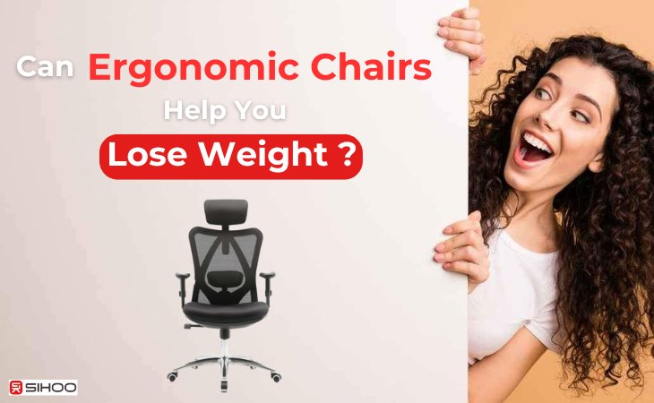 A woman sneaking playfully with a text overlay that reads “Can Ergonomic Chairs Help You Lose Weight?”, highlighting curiosity about the health benefits of ergonomic chairs.