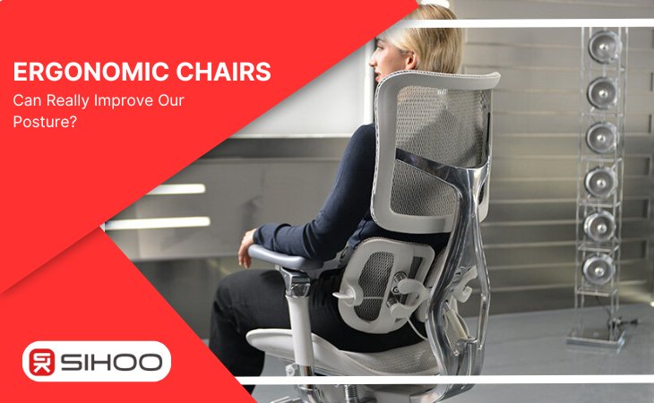 A woman sitting on an ergonomic chair with a text overlay that reads “Can ergonomic chairs really improve posture?”, illustrating the benefits of ergonomic design for spinal alignment and comfort.
