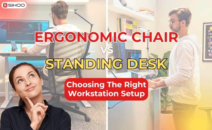A lady with a thinking gesture in front of a background showing different workstation setups, with a text overlay that reads “Ergonomic Chair vs Standing Desk: Choosing The Right Workstation Setup,” highlighting workspace comfort and productivity choices.