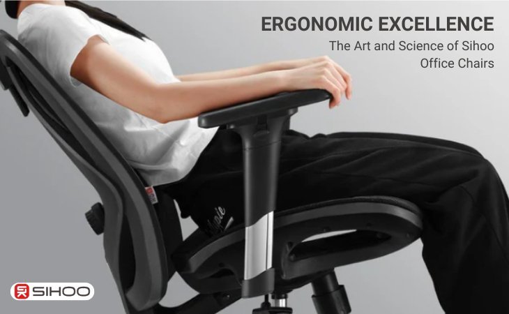 A person’s midsection reclining on an ergonomic chair with a text overlay that reads “Ergonomic Excellence: The Art and Science of Sihoo Office Chairs,” highlighting Sihoo’s commitment to comfort and ergonomic innovation.