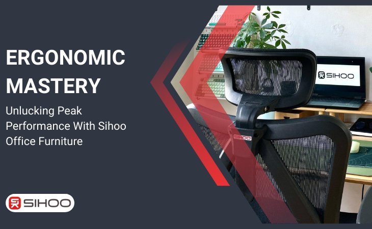 Ergonomic chair on a black background with a text overlay that reads “Ergonomic Mastery: Unlocking Peak Performance with Sihoo Office Furniture,” emphasizing Sihoo’s focus on productivity, comfort, and design excellence.