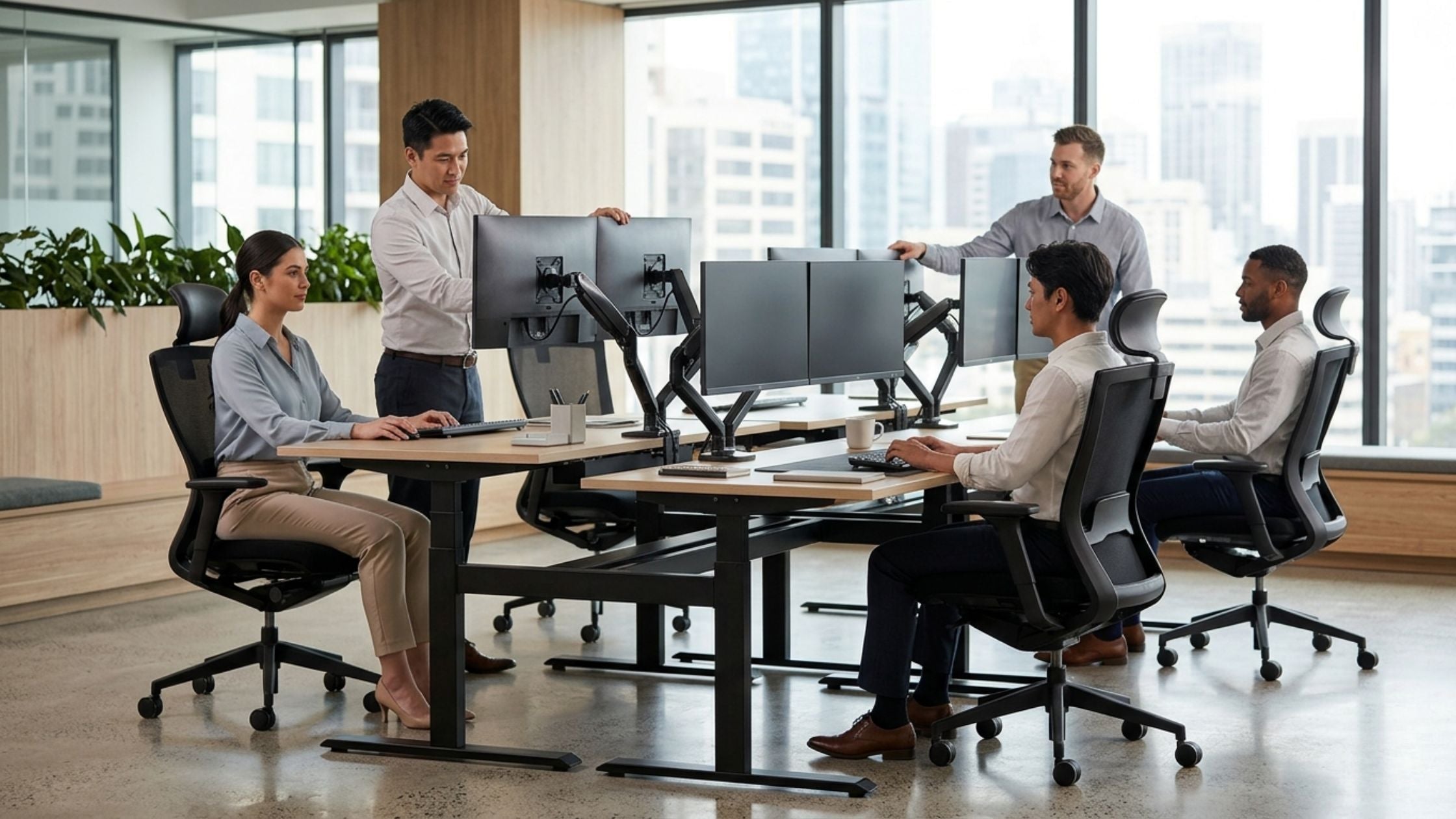 A professional, modern open-plan office in Australia featuring a diverse team working at a collaborative pod of ergonomic workstations.