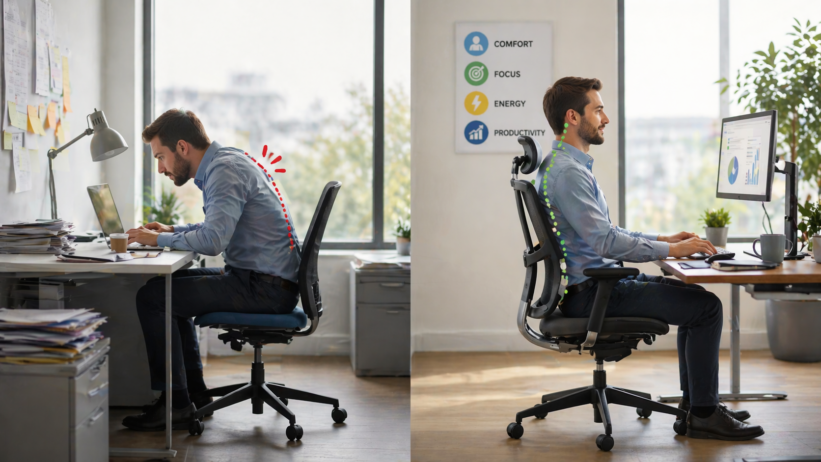 Side-by-side comparison of an office worker with poor posture at a cluttered desk and the same worker sitting upright in an ergonomic chair at a clean workstation, showing improved comfort and productivity