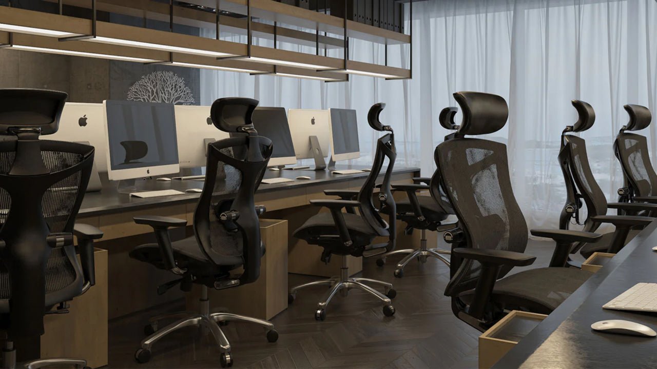 Row of ergonomic chairs in an office setting showing the financial benefits of ergonomic chairs through improved productivity and comfort