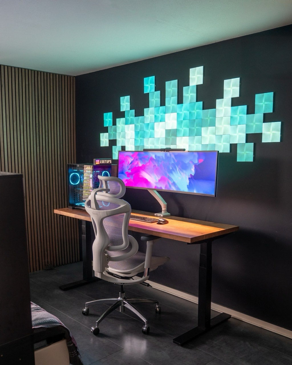 Compact gaming setup with an ergonomic chair in a small, stylish in-game room — ergonomic chair ingame room ideas for small rooms.