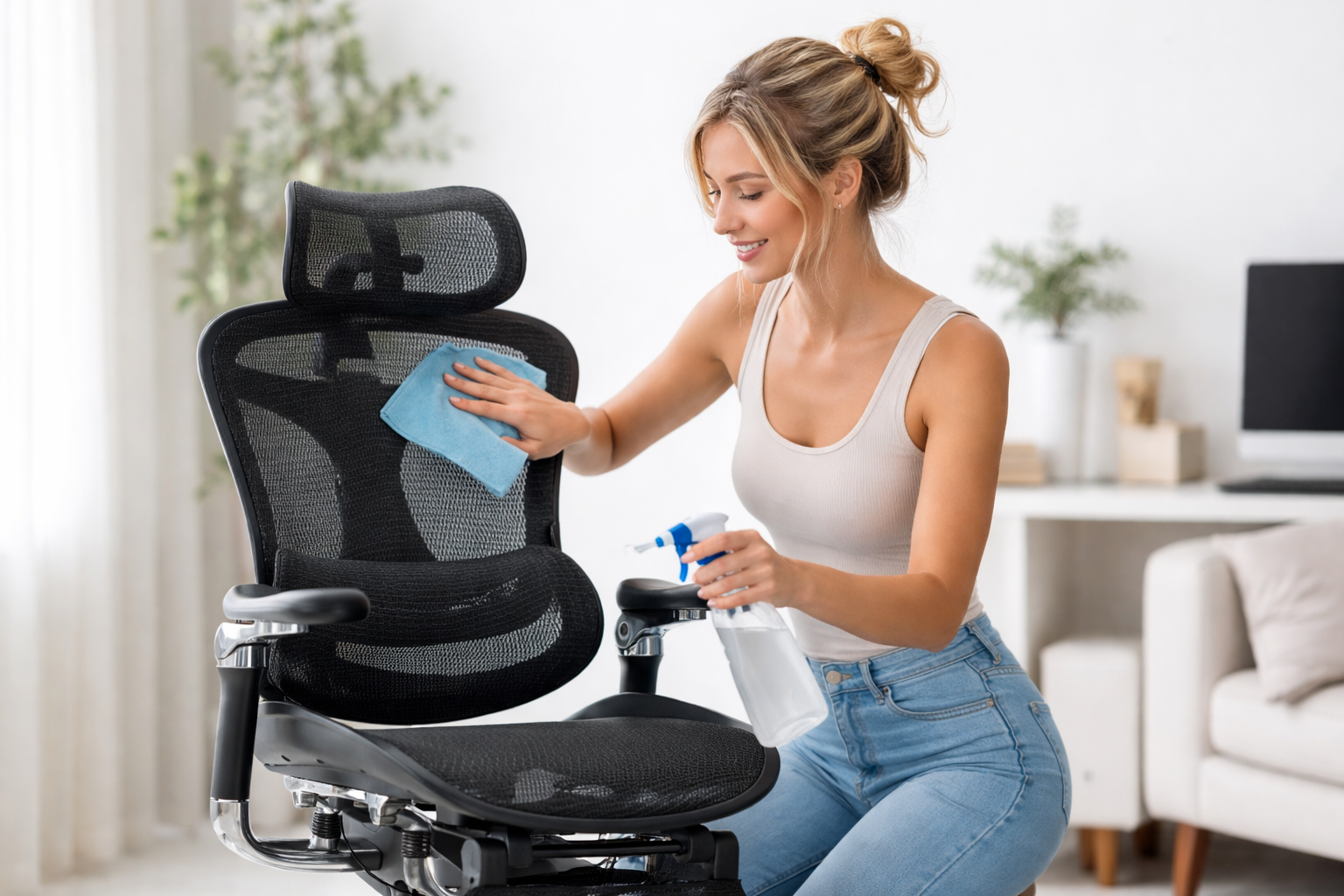 Australian woman cleaning a black mesh ergonomic office chair using a cloth and spray in a bright home office setting