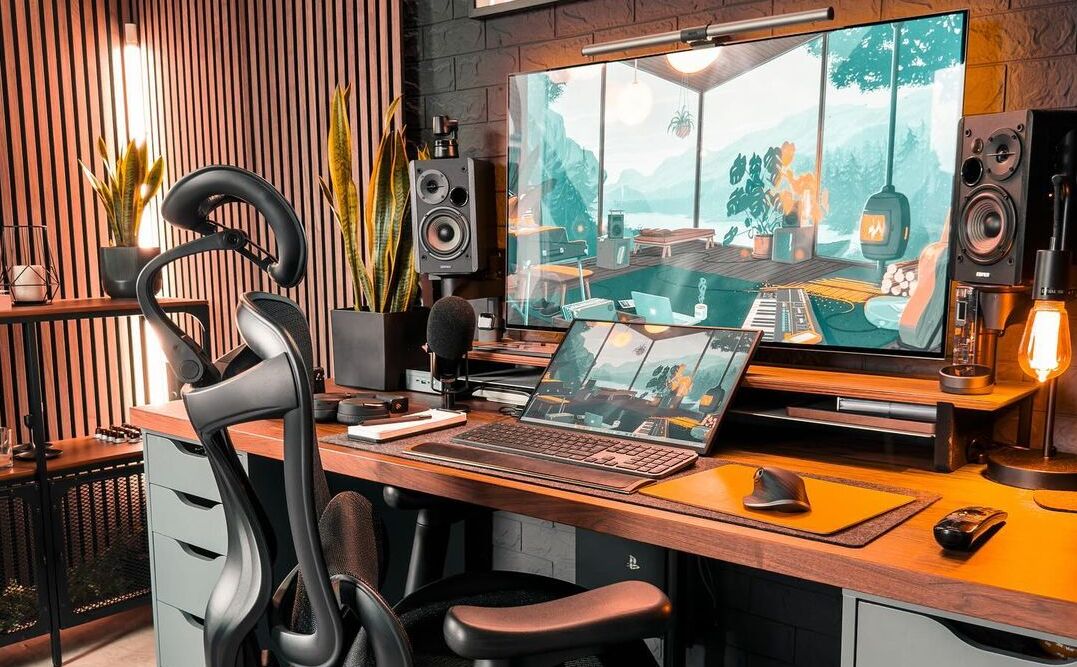 Modern gaming setup for laptop featuring dual monitors, ergonomic chair, speakers, and warm lighting.