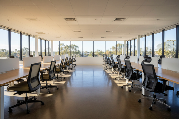 Photorealistic wide shot, Australian open-plan office, two identical rows of desks side by side, left row has older worn task chairs, right row has modern ergonomic mesh chairs, natural window light, Canon 5D 35mm, no people, no text