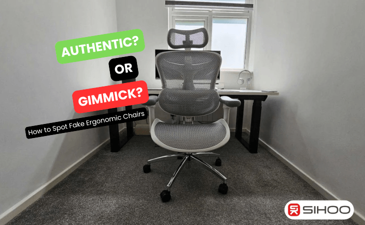 Ergonomic chair in a minimal home office with text overlay asking if it’s authentic or a gimmick and how to spot fake ergonomic chairs