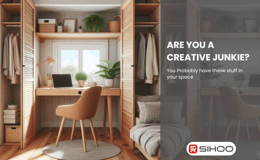 A small office space with a chair, laptop, and table featuring a text overlay that reads “Are you a creative junkie?”, showcasing must-have essentials for a productive workspace.