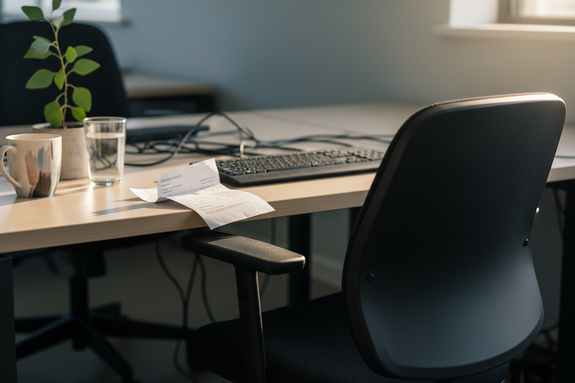 Photorealistic close-up, Australian office desk with a plain budget task chair in foreground, a printed invoice visible on the desk, natural office light, Canon 5D 35mm, no text readable, no people