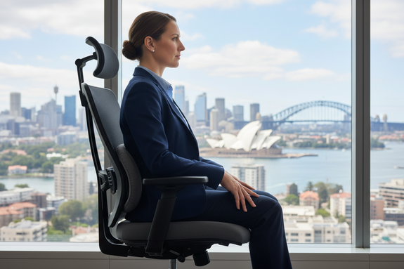 Photorealistic side-view, Australian professional fully seated in ergonomic mesh chair, neutral upright posture, lumbar support visibly contacting lower back, natural office light, Sydney CBD skyline