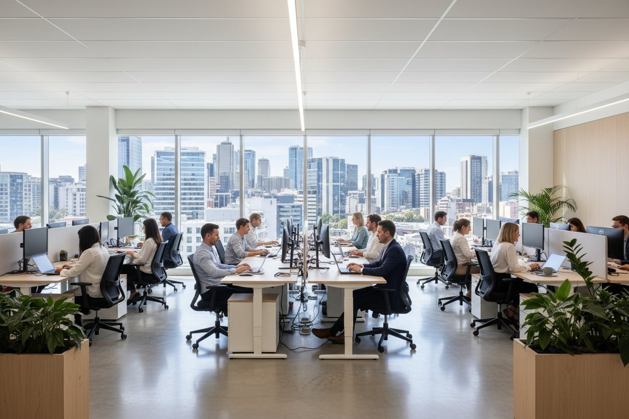 Photorealistic wide shot, Australian open-plan office, diverse team of professionals seated at desks, visible height variation across seated employees