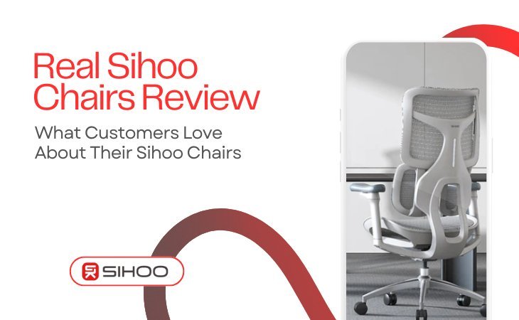 Ergonomic chair in an office with text overlay highlighting real SIHOO chair reviews and what customers love about them
