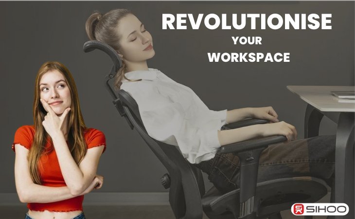 Woman sitting on an ergonomic chair with text overlay about how SIHOO ergonomic chairs redefine comfort in the workspace.