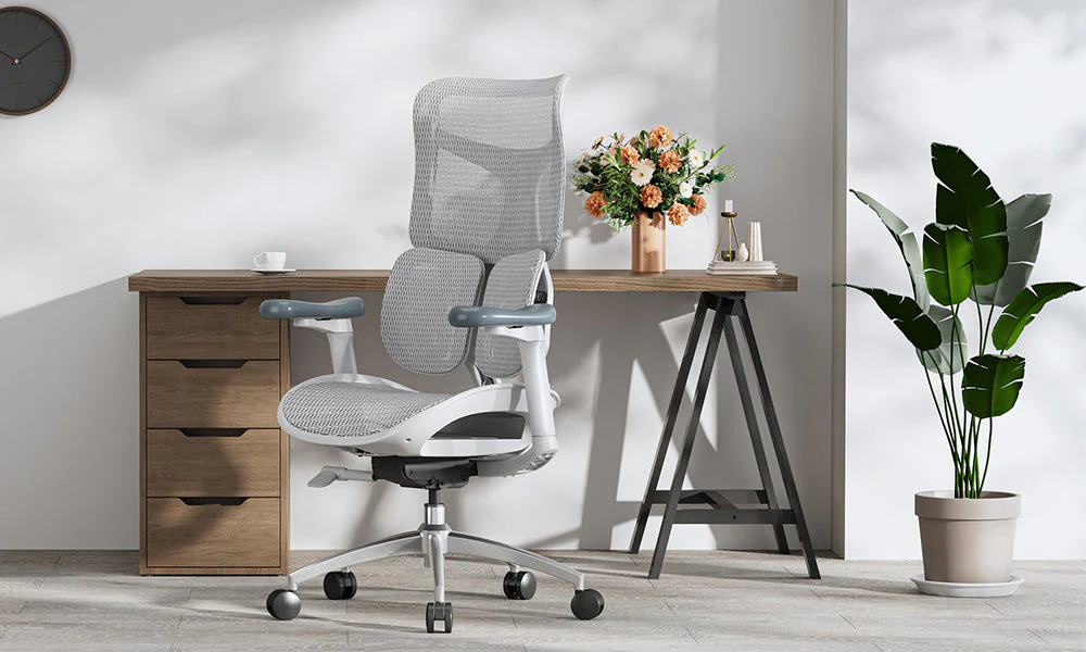 Ergonomic office chair in a bright home office promoting work focus and wellbeing.