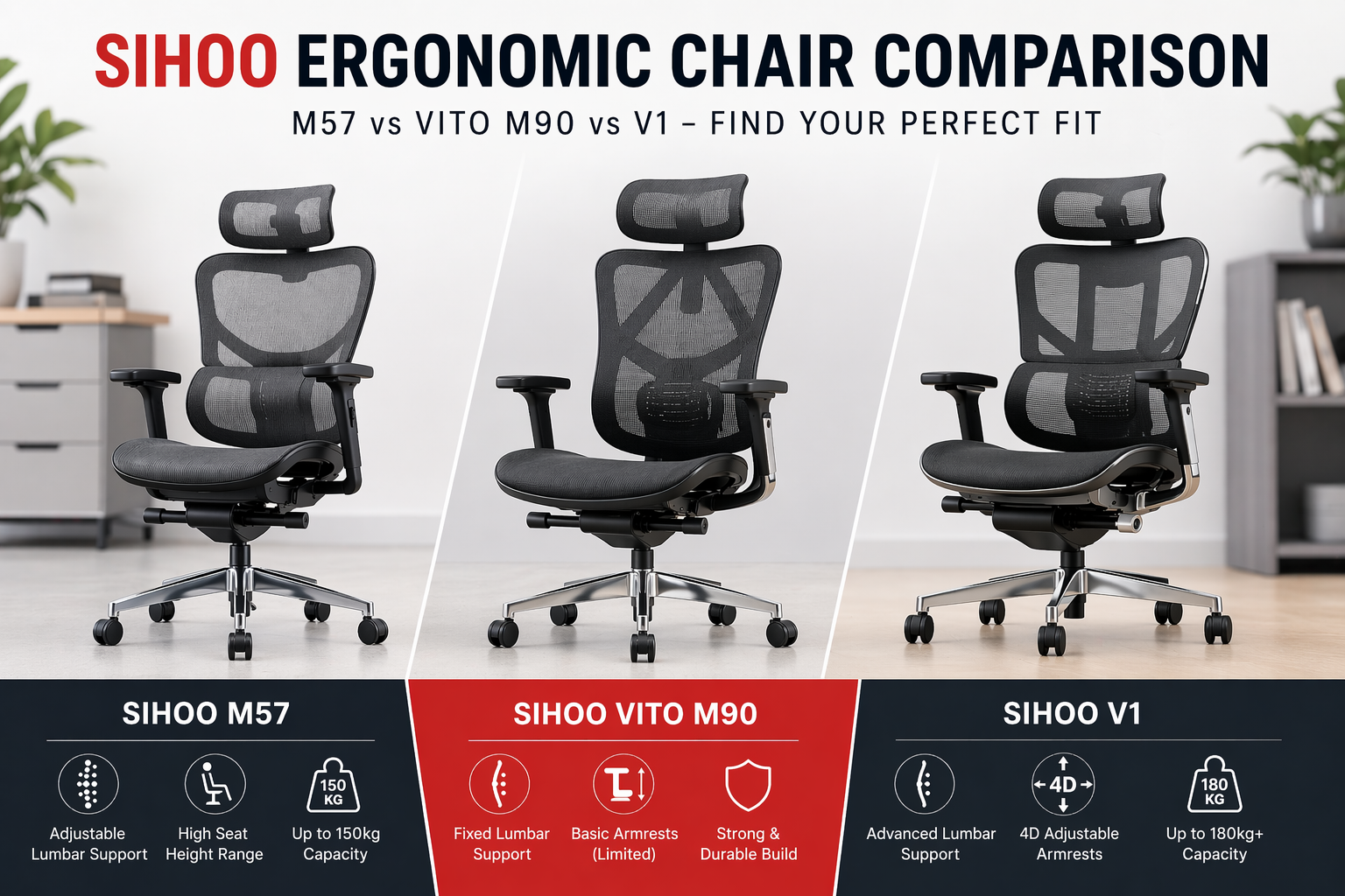 Sihoo ergonomic chair comparison featured image showing M57, Vito M90, and V1 with key features for office and home workspace setups in Australia