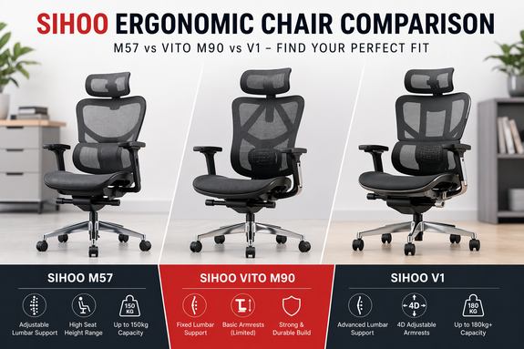 Sihoo ergonomic chair comparison featured image showing M57, Vito M90, and V1 with key features for office and home workspace setups in Australia