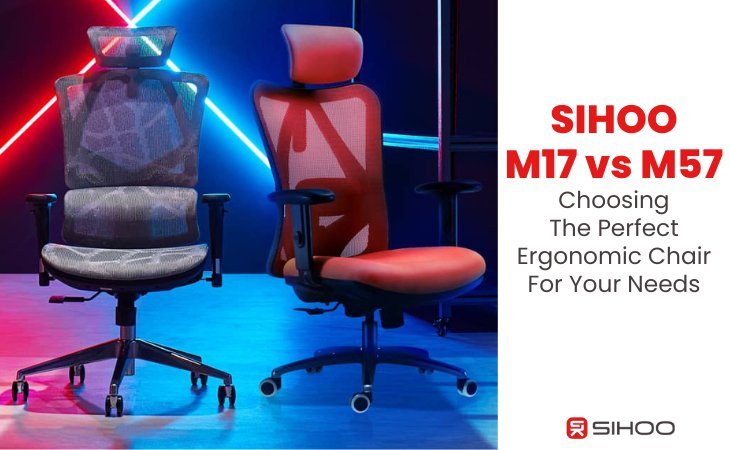 Two ergonomic office chairs side by side with text overlay comparing Sihoo M18 vs M57 on how to set up an ergonomic chair.