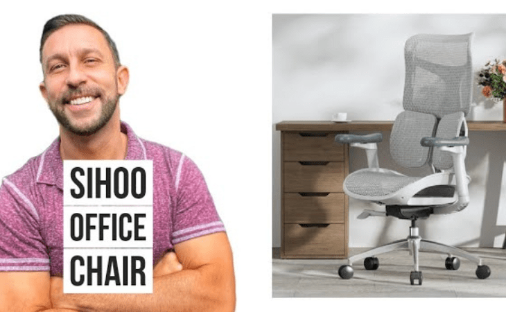 Man smiling beside text overlay highlighting top 10 customer reviews of SIHOO chairs and why users love them