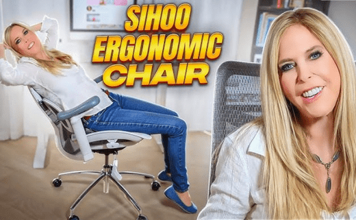 woman sitting comfortably with text overlay about top customer-rated SIHOO chairs for comfort and ergonomics.